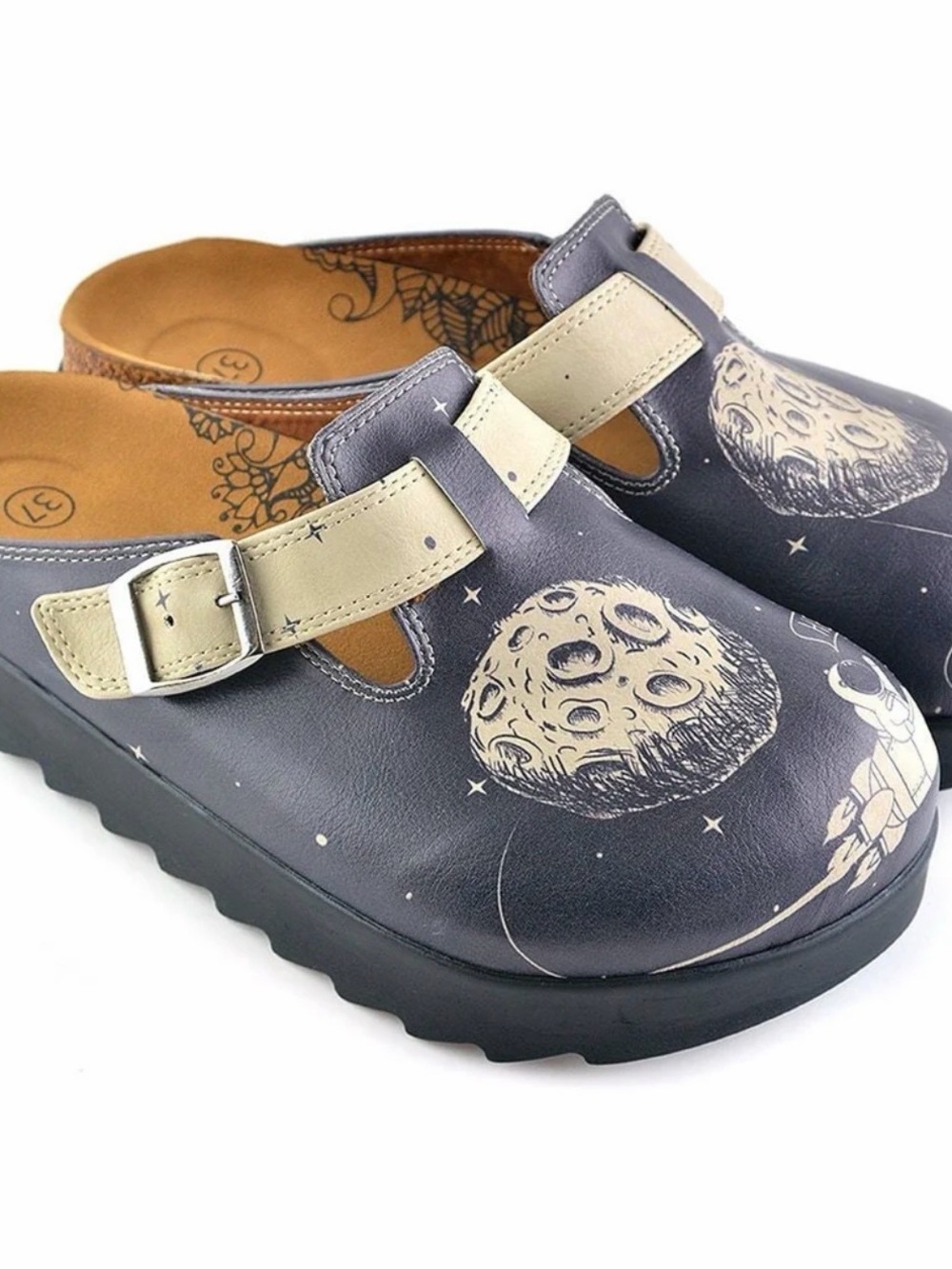 Women’s Navy Space Graphic Clog Mules with Cream Strap size 40